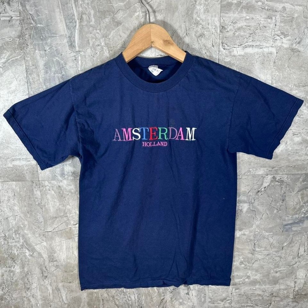 Vintage 90s Amsterdam Holland embroidered navy blue cotton t-shirt Size M